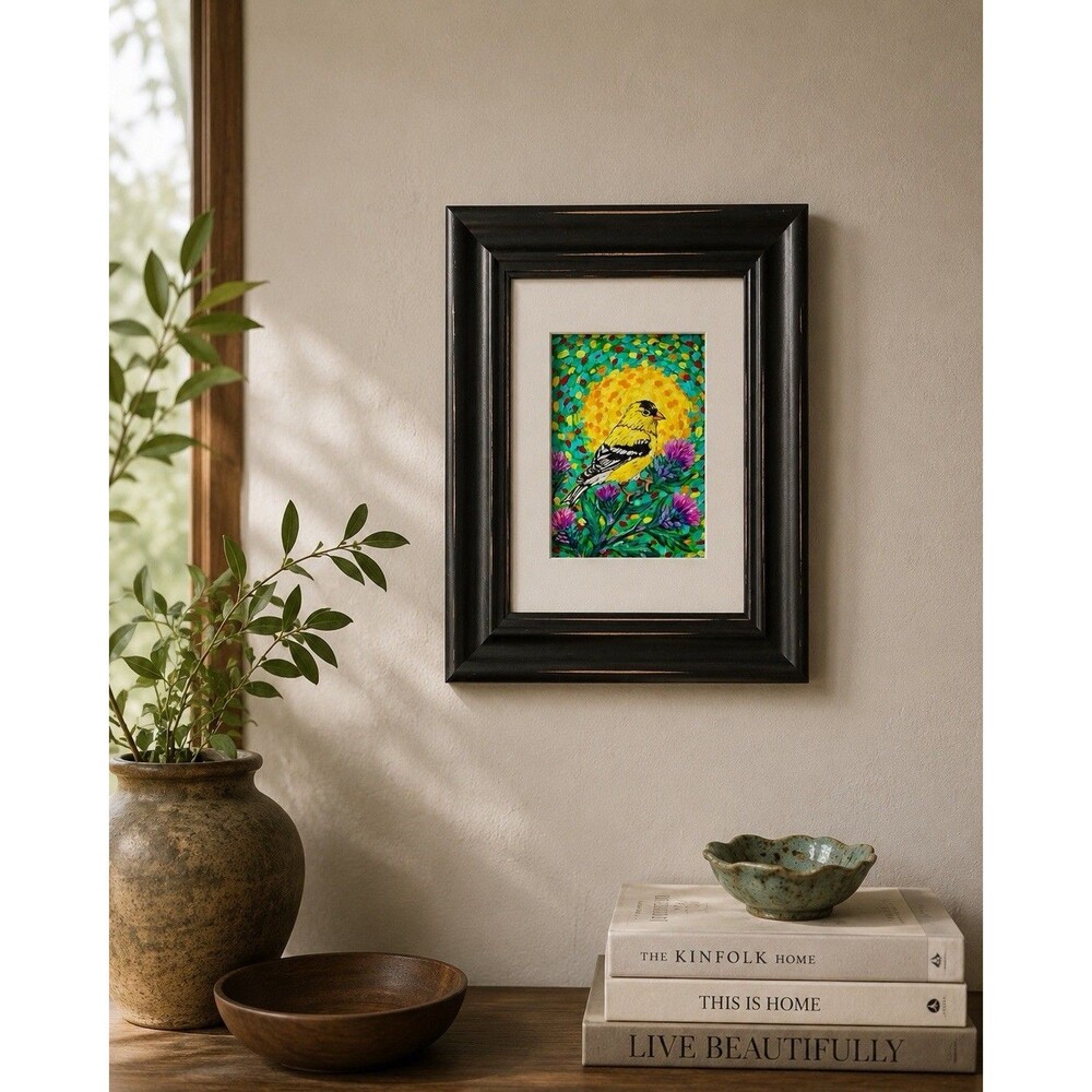 Original Goldfinch Bird Painting 5x7 Framed 8x10 Acrylic Art Song of Summer